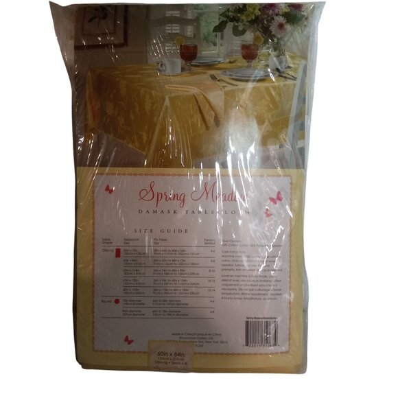 Spring Meadow Damask Tablecloth 60"x84" Oblong Yellow Floral Vintage NEW - Picture 2 of 9